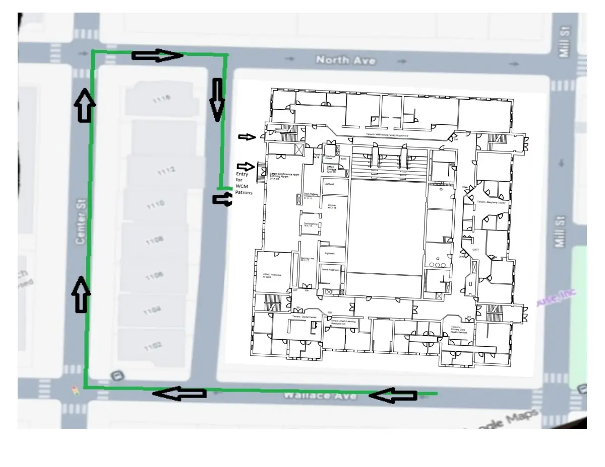 Map showing the route to the WCM food pantry entrance at Hosanna House.